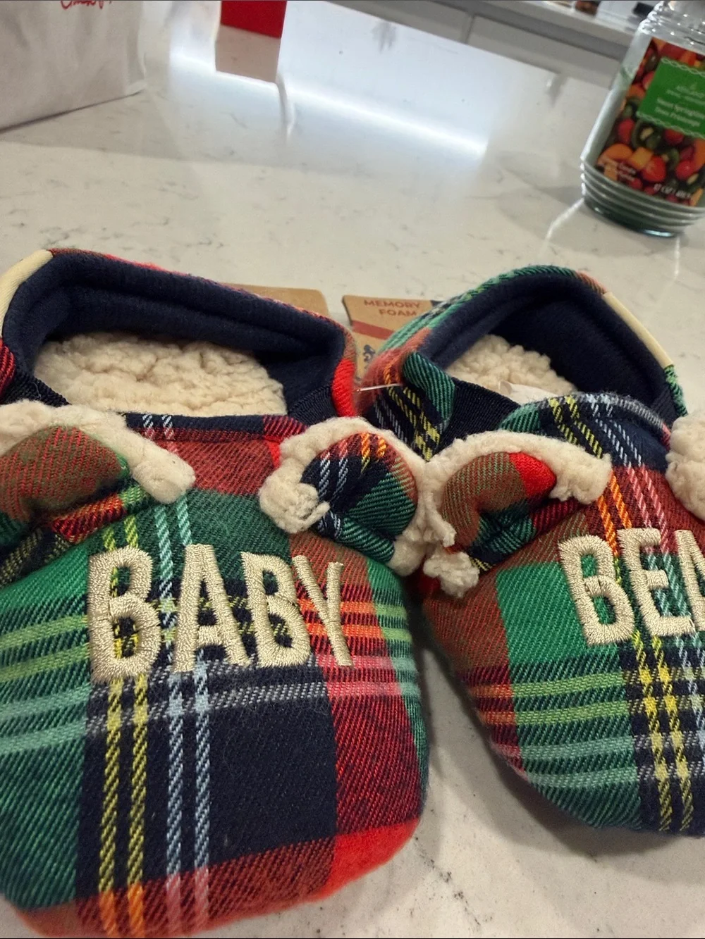 dearfoams Red & Green Plaid Baby Bear Memory Foam Slippers NWT